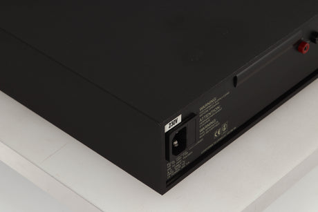 Rear right corner of a used Naim NAP250 Power Amplifier in a black finish