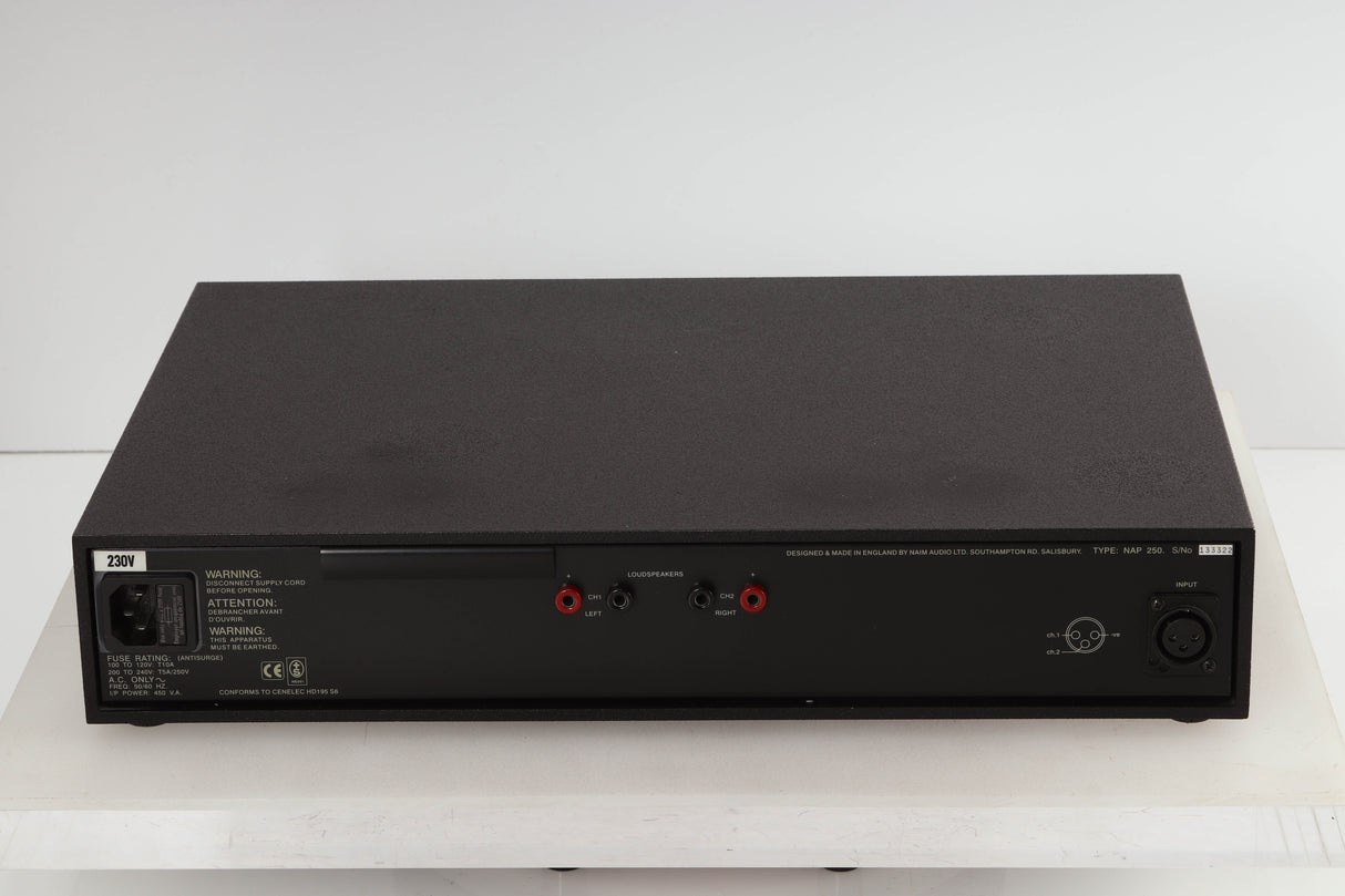 Rear view of a used Naim NAP250 Power Amplifier in a black finish showing Mains Input, DIN Input and Speaker Output