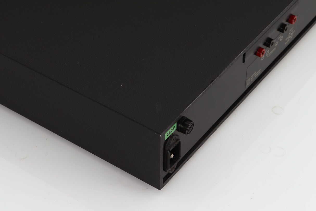 Rear right corner of a used Naim NAP250 Power Amplifier in a black finish