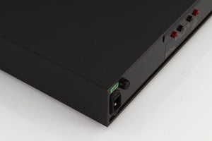 Rear right corner of a used Naim NAP250 Power Amplifier in a black finish