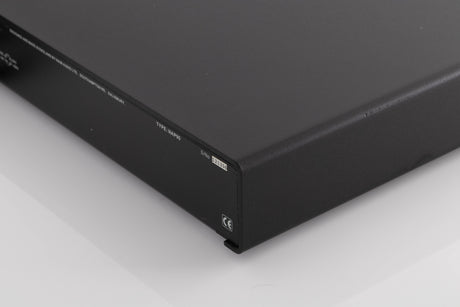 Rear left corner of a used Naim NAP90 Power Amplifier in a Black finish