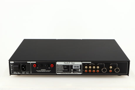 Rear view of a used Naim Nait 5si Integrated Amplifier in a black finish showing Phono Inputs, Phono Outputs and Mains Input