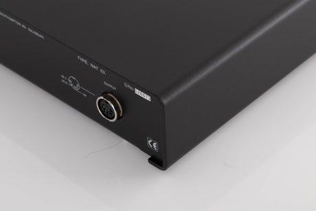 Rear left corner of a used Naim NAT03 FM Tuner in a Black finish