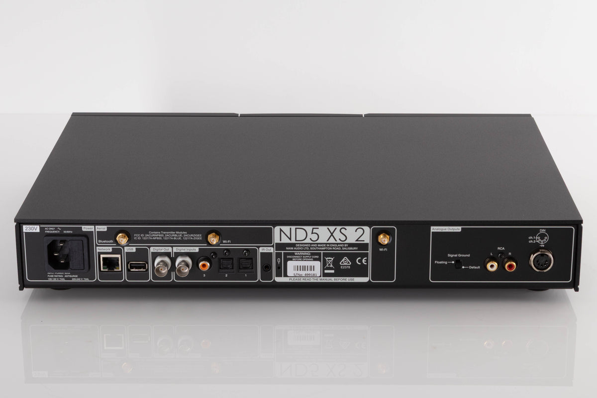 Rear view of a used Naim ND5 XS2 Media Player in a Black finish showing Mains Input, Network Input, USB Input, Digital Inputs, Digital Output and Analogue Outputs