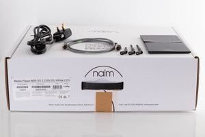 Box of a used Naim ND5 XS2 Network Streamer with mains cable, manual, SNAIC, 2x Wifi antenna, bluetooth antenna