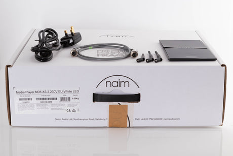 Box of a used Naim ND5 XS2 Network Streamer with mains cable, manual, SNAIC, 2x Wifi antenna, bluetooth antenna
