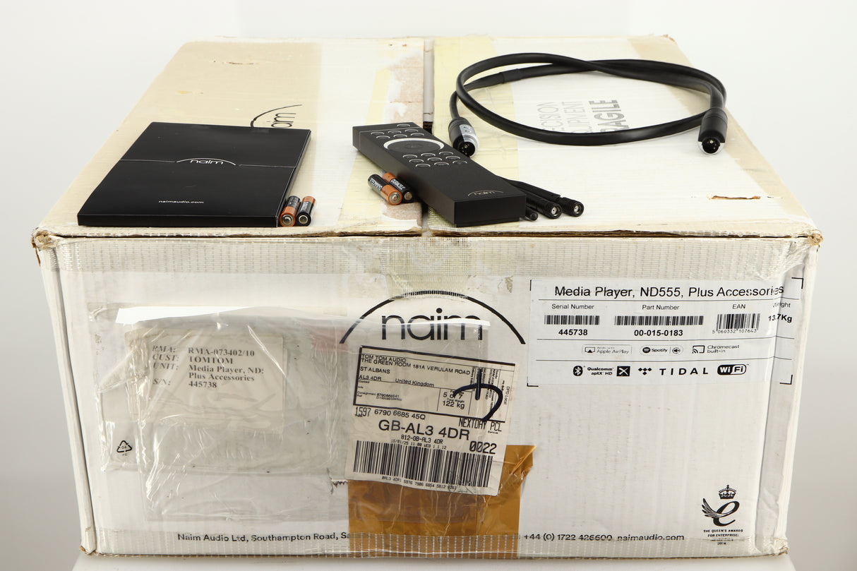Box for a used Naim ND555 Media Player in a black finish showing Manual, 4x Batteries, Remote, 2x Wi-Fi Aerials, Bluetooth Aerial and SNAIC5