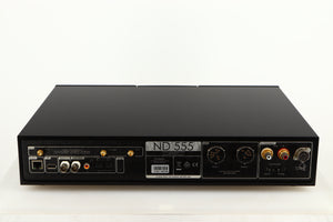 Rear view of a used Naim ND555 Media Player in a black finish showing Network Input, Optical Inputs, Power Inputs, USB Input and Analogue Outputs