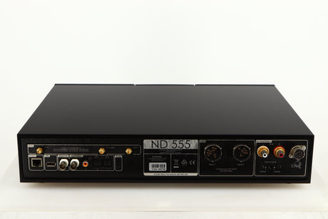 Rear view of a used Naim ND555 Media Player in a black finish showing Network Input, Optical Inputs, Power Inputs, USB Input and Analogue Outputs