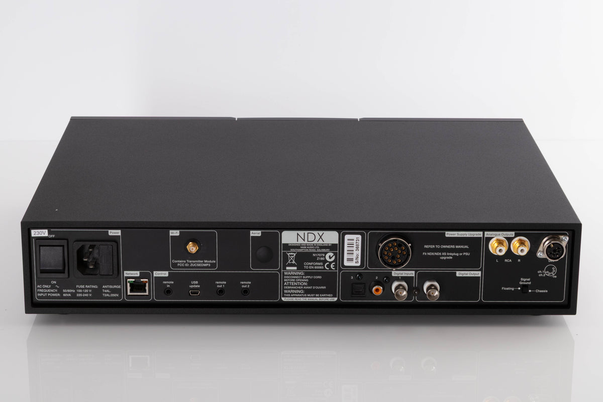 Rear view of a used Naim NDX Network Streamer in a Black finish showing Mains Input, Digital Inputs, Digital Output, USB Input, Network Input, Optical Input and Analogue Outputs