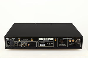 Rear view of a used Naim NDX2 Network Streamer in a black finish showing Mains Input, USB Input, Network Input, Phono Outputs, Optical Inputs and XLR Output