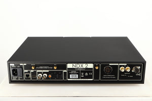 Rear view of a used Naim NDX2 Network Streamer in a black finish showing Mains Input, USB Input, Optical Inputs, Phono Input, Phono Outputs, Network Input and DIN Output