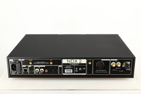 Rear view of a used Naim NDX2 Network Streamer in a black finish showing Mains Input, USB Input, Optical Inputs, Phono Input, Phono Outputs, Network Input and DIN Output