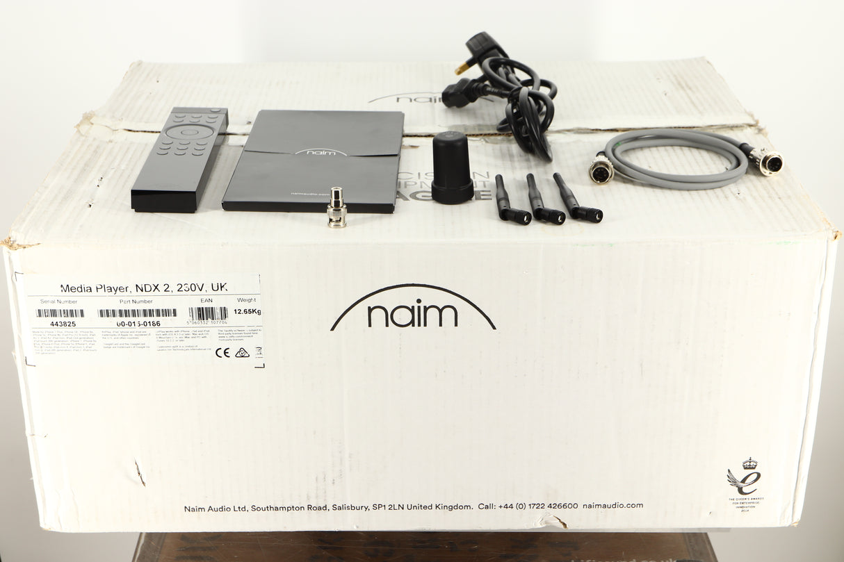 Box of a used Naim NDX2 Network Streamer with Mains Cable , Manual, Remote, SNAIC, BNC Adaptor, 3x Antenna, and Burndy Plug