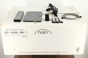Box of a used Naim NDX2 Network Streamer with Mains Cable , Manual, Remote, SNAIC, BNC Adaptor, 3x Antenna, and Burndy Plug
