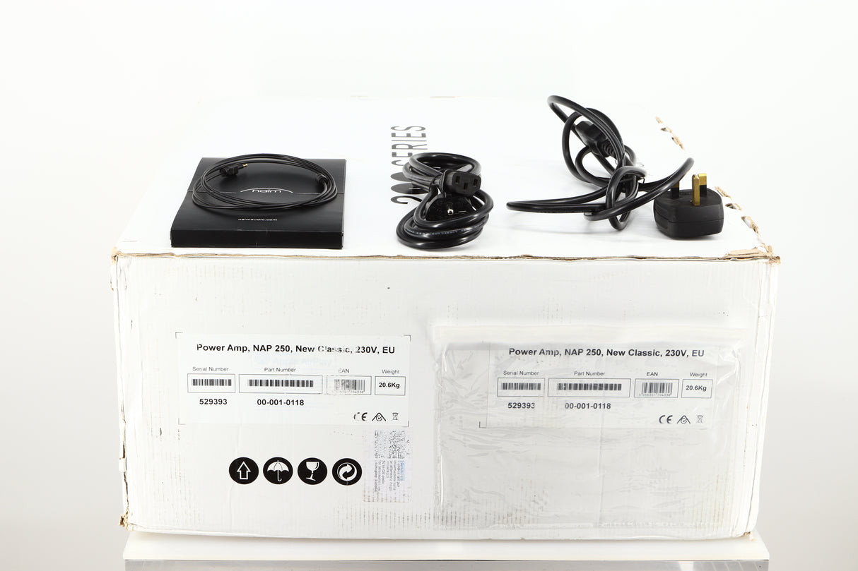 Box for a used Naim New Classic NAP250 Power Amplifier showing Mains Cable, Schuko Cable and Manual