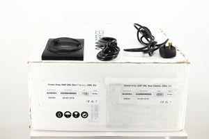 Box for a used Naim New Classic NAP250 Power Amplifier showing Mains Cable, Schuko Cable and Manual