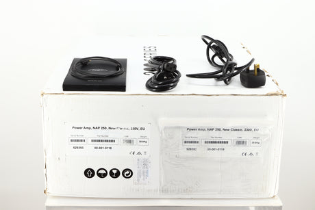 Box for a used Naim New Classic NAP250 Power Amplifier showing Mains Cable, Schuko Cable and Manual