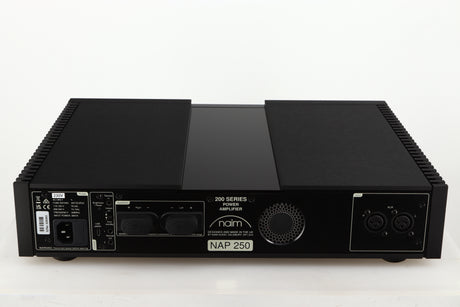 Rear view of a used Naim New Classic NAP250 Power Amplifier in a black finish showing Mains Input and XLR Inputs