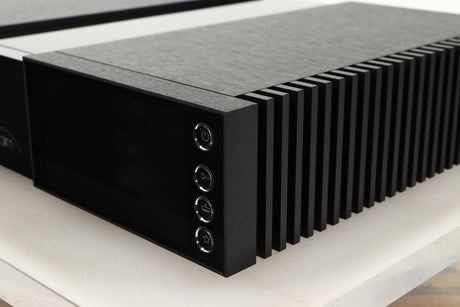 Front right corner of a used Naim NSC 222 Streaming Pre Amplifier in a black finish
