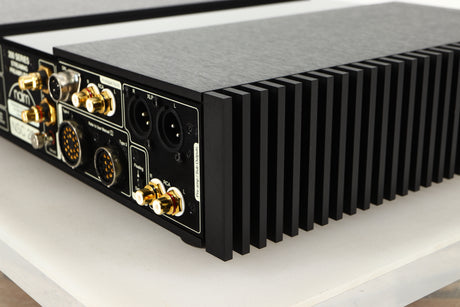 Rear left corner of a used Naim NSC 222 Streaming Pre Amplifier in a black finish