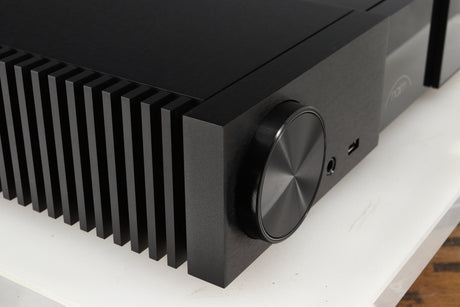 Front left corner of a used Naim NSC222 Pre Amplifier in a black finish