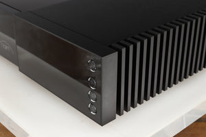 Front right corner of a used Naim NSC222 Pre Amplifier in a black finish