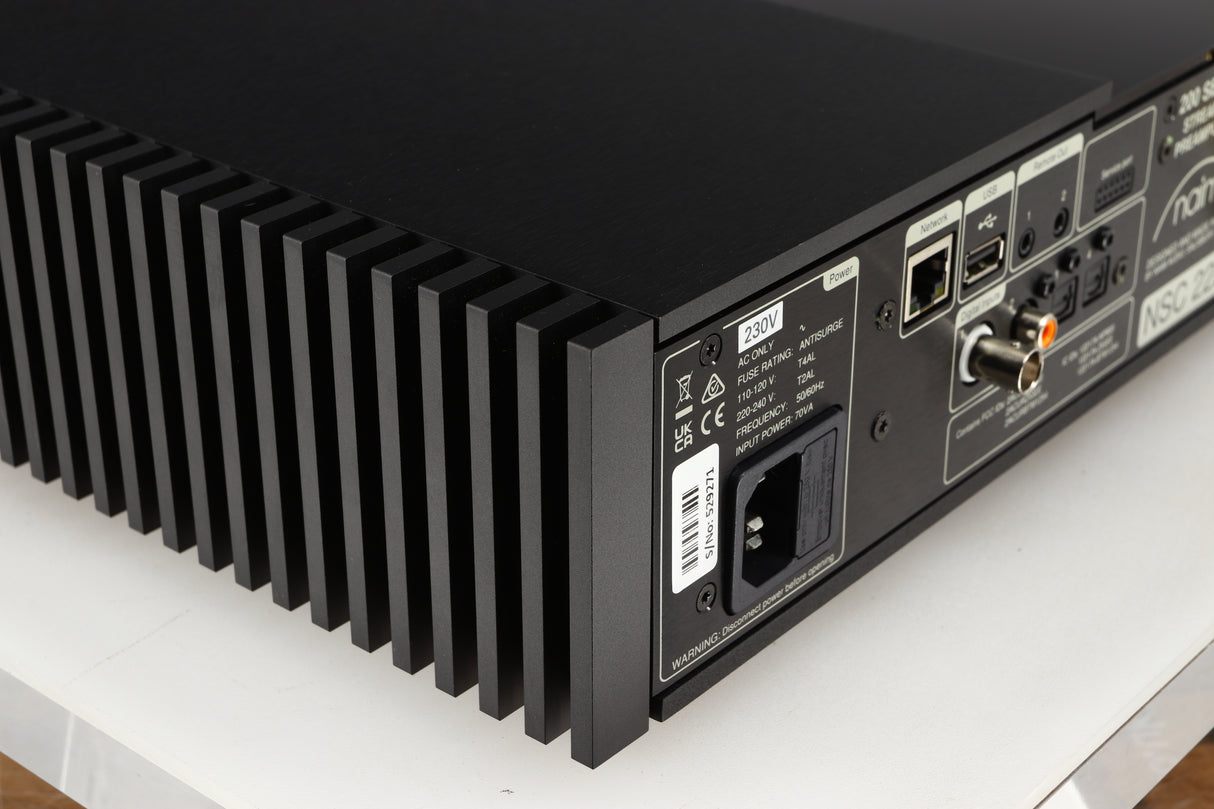 Rear right corner of a used Naim NSC222 Pre Amplifier in a black finish