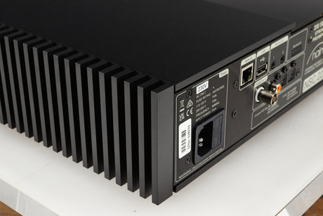 Rear right corner of a used Naim NSC222 Pre Amplifier in a black finish