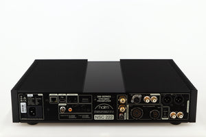 Rear view of a used Naim NSC222 Pre Amplifier in a black finish showing Mains Input, Optical Inputs, USB Input and Analogue Inputs/Outputs