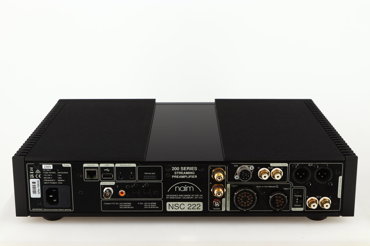 Rear view of a used Naim NSC222 Pre Amplifier in a black finish showing Mains Input, Optical Inputs, USB Input and Analogue Inputs/Outputs