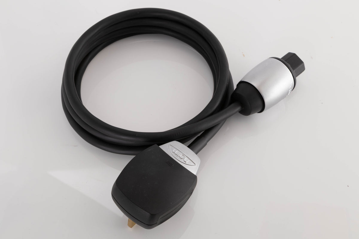 Close up of a used Naim Powerline Mains Cable showing plug