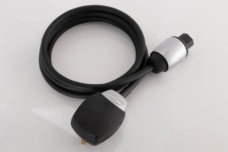 Close up of a used Naim Powerline Mains Cable showing plug