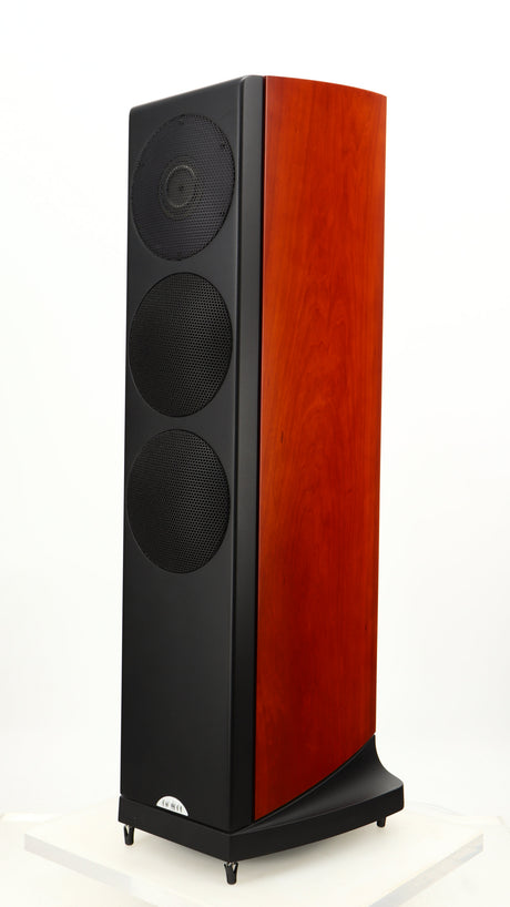 Front right corner of a used Naim S-400 Ovator Floorstanding Speaker in a cherry finish