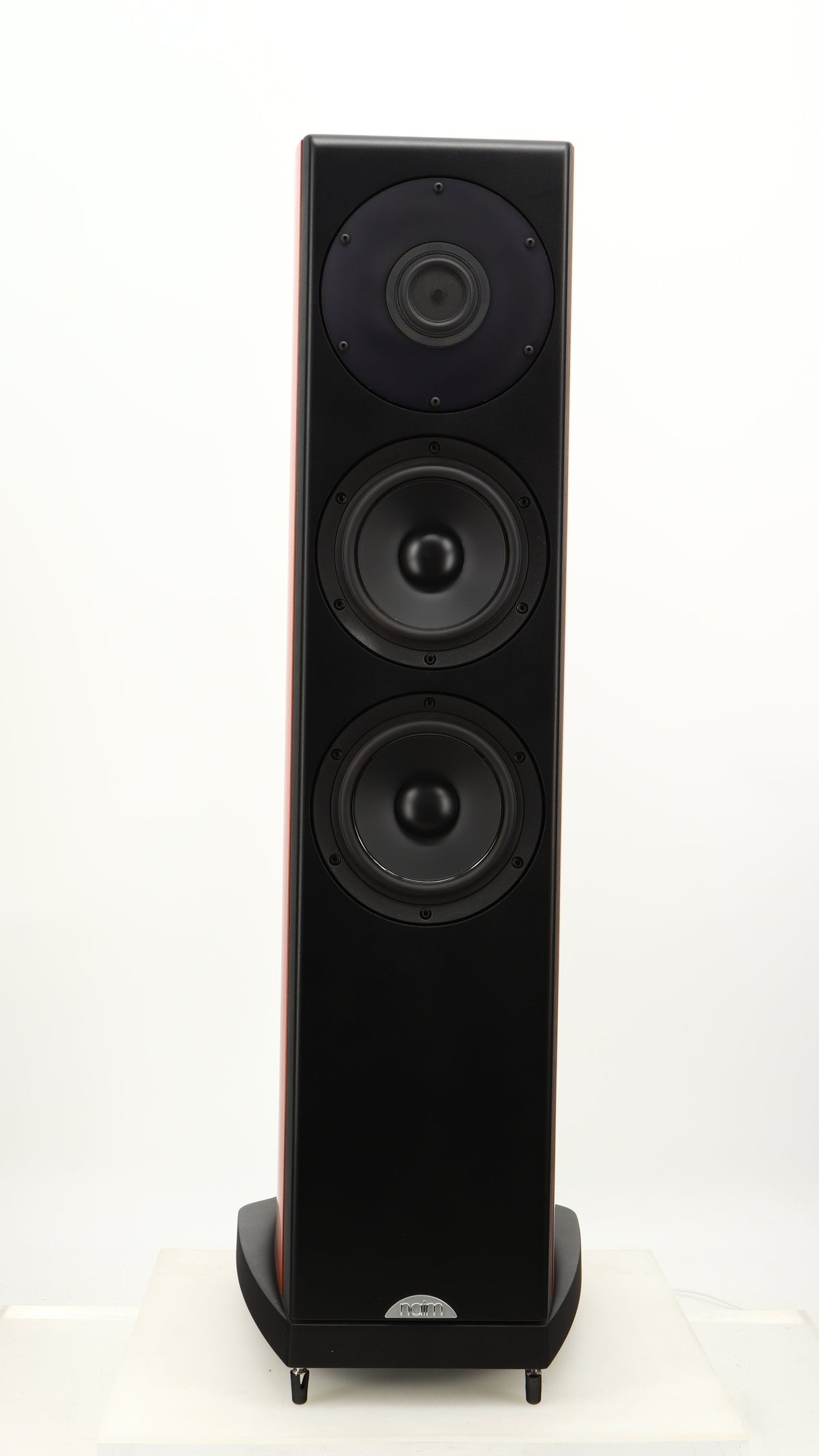 Front view of a used Naim S-400 Ovator Floorstanding Speaker in a cherry finish showing no grilles