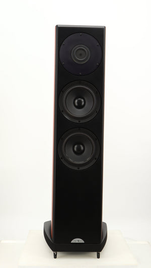 Front view of a used Naim S-400 Ovator Floorstanding Speaker in a cherry finish showing no grilles