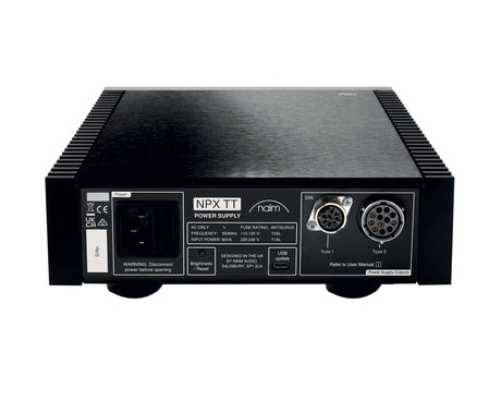 Rear view of a Naim NPX TT Power Supply in a black finish showing Power Supply Outputs and Mains Input