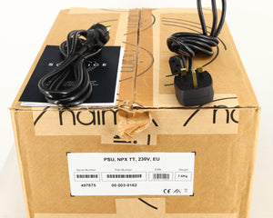 Box for a used Naim NPX TT Power Supply in a black finish showing Manual, Schuko Cable and Mains Cable