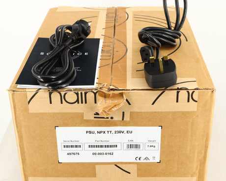 Box for a used Naim NPX TT Power Supply in a black finish showing Manual, Schuko Cable and Mains Cable