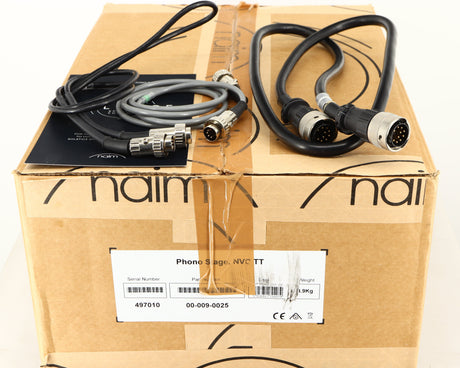 Box for a used Naim NVC TT Phonostage in a black finish showing 2x SNAIC5 and Burndy Cable