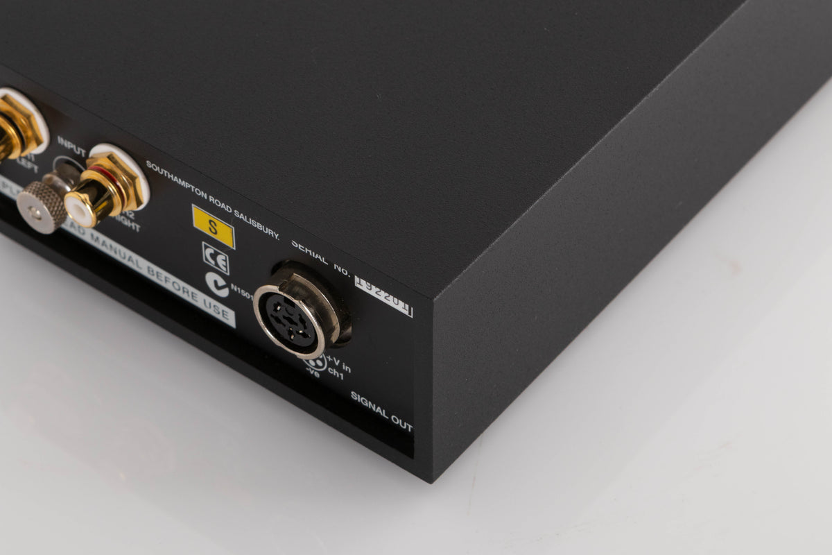 Rear left corner of a used Naim Stageline S Phonostage in a Black finish