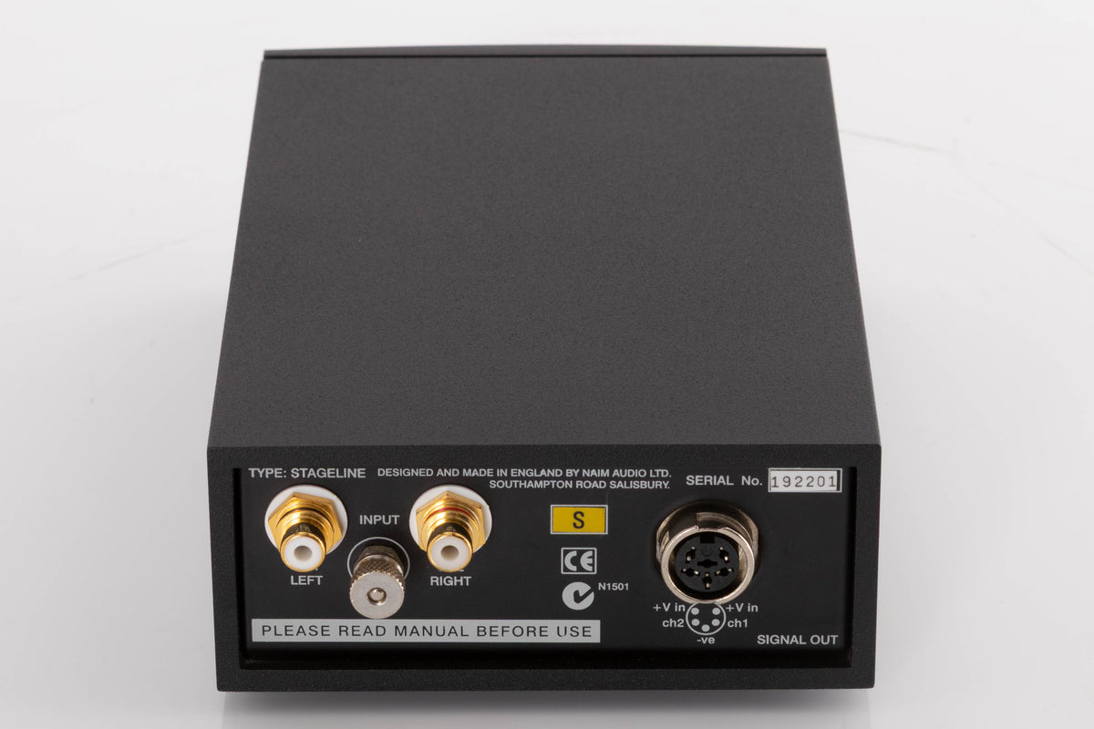 Rear view of a used Naim Stageline S Phonostage in a Black finish showing Phono Inputs and XLR Output