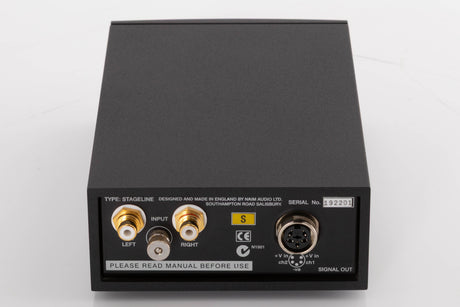 Rear view of a used Naim Stageline S Phonostage in a Black finish showing Phono Inputs and XLR Output