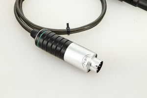 Close up of used Naim Super Lumina 4PIN DIN-XLR Interconnect Cables in a black finish showing connector