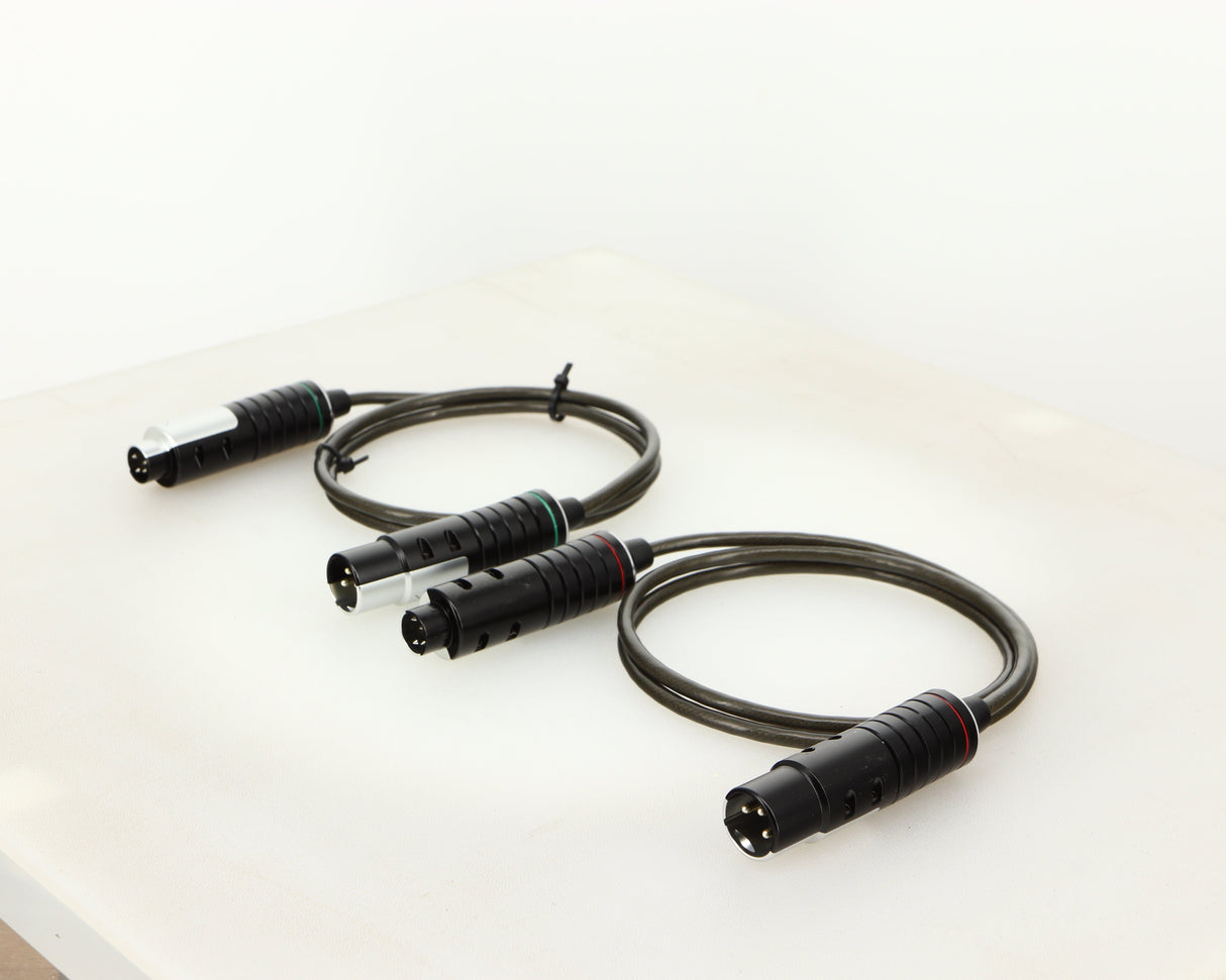 Front right angle of used Naim Super Lumina 4PIN DIN-XLR Interconnect Cables in a black finish
