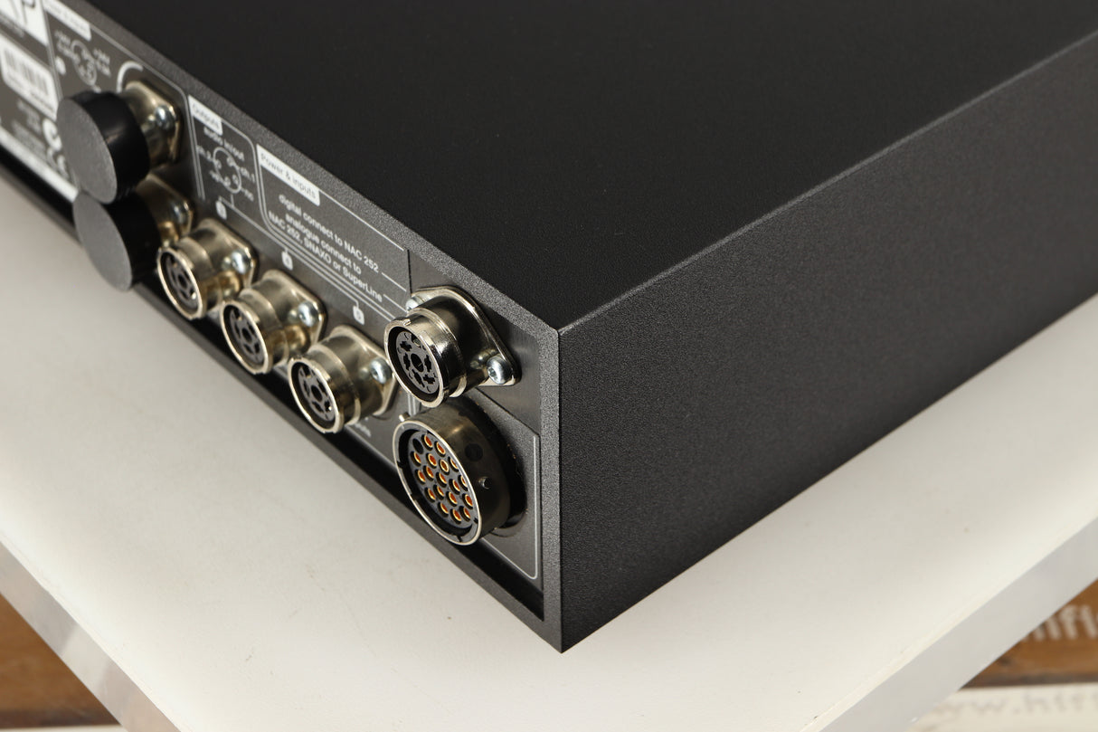 Rear left corner of a used Naim Supercap DR Power Supply in a black finish
