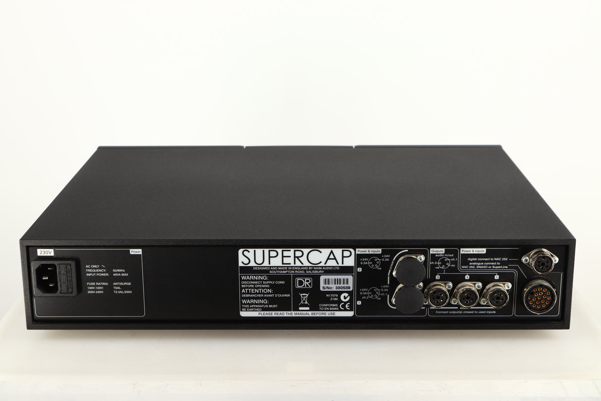 Rear view of a used Naim Supercap DR Power Supply in a black finish showing Mains Input, DIN Inputs and DIN Outputs