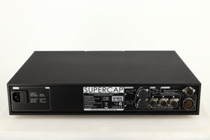 Rear view of a used Naim Supercap DR Power Supply in a black finish showing Mains Input, DIN Inputs and DIN Outputs