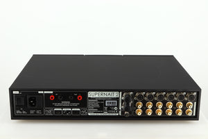 Rear view of a used Naim Supernait 2 Integrated Amplifier in a black finish showing Mains Input and Audio Inputs / Outputs