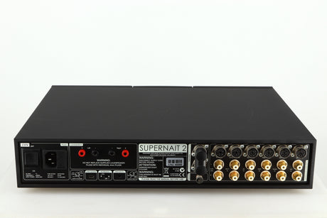 Rear view of a used Naim Supernait 2 Integrated Amplifier in a black finish showing Mains Input and Audio Inputs / Outputs